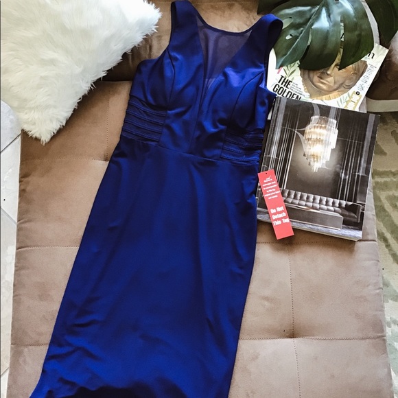 Bodycon midi mesh panel blue dress - Picture 4 of 4